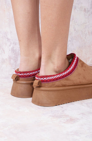 Cherry Red Tazmin Aztec Detail Faux Fur Lining Platform Faux Suede Slipper