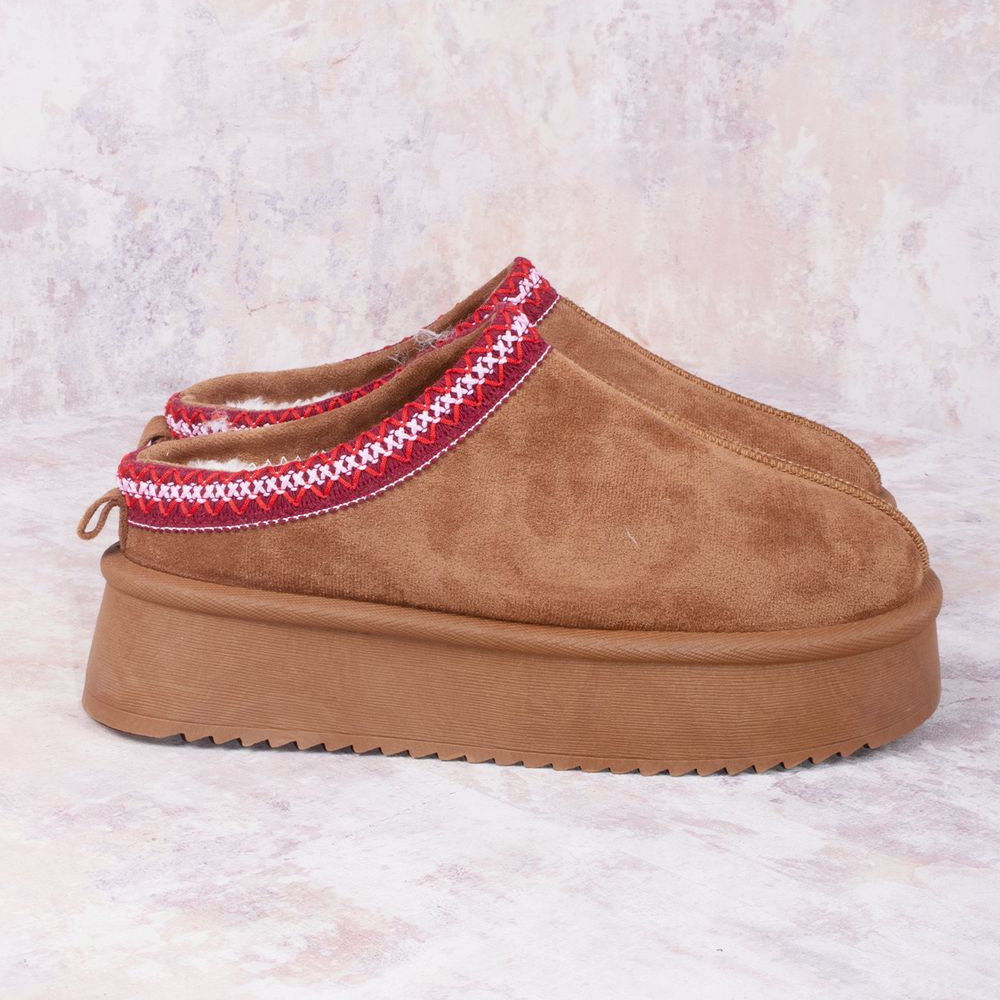 
                  
                    Cherry Red Tazmin Aztec Detail Faux Fur Lining Platform Faux Suede Slipper
                  
                