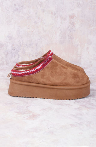 Cherry Red Tazmin Aztec Detail Faux Fur Lining Platform Faux Suede Slipper