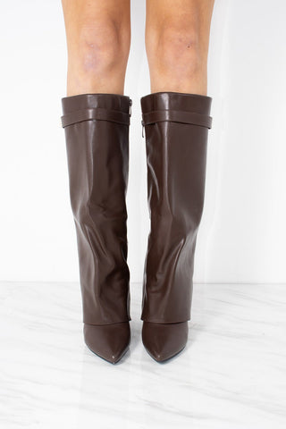 Chocolate Brown Faux Leather Fold Over Shark Classic Buckle Knee High Boot