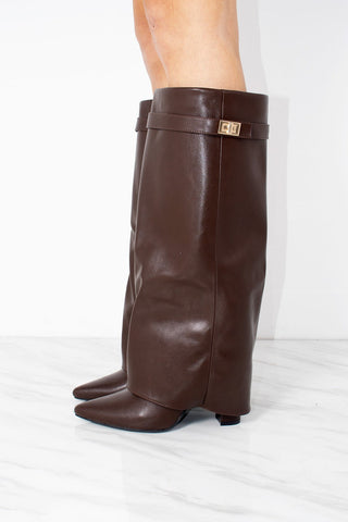 Chocolate Brown Faux Leather Fold Over Shark Classic Buckle Knee High Boot