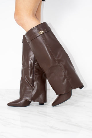 Chocolate Brown Faux Leather Fold Over Shark Classic Buckle Knee High Boot