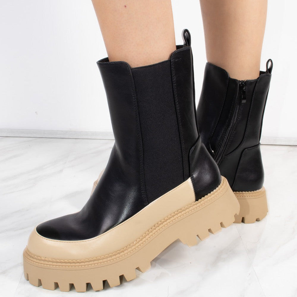 Chunky Sole Black And Beige Contrast Ankle Chelsea Boots