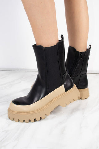 Chunky Sole Black And Beige Contrast Ankle Chelsea Boots