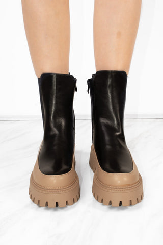 Chunky Sole Black And Camel Contrast Ankle Chelsea Boots