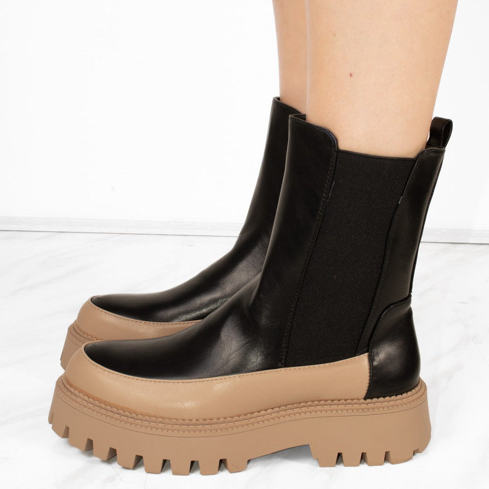 
                      
                        Chunky Sole Black And Camel Contrast Ankle Chelsea Boots
                      
                    