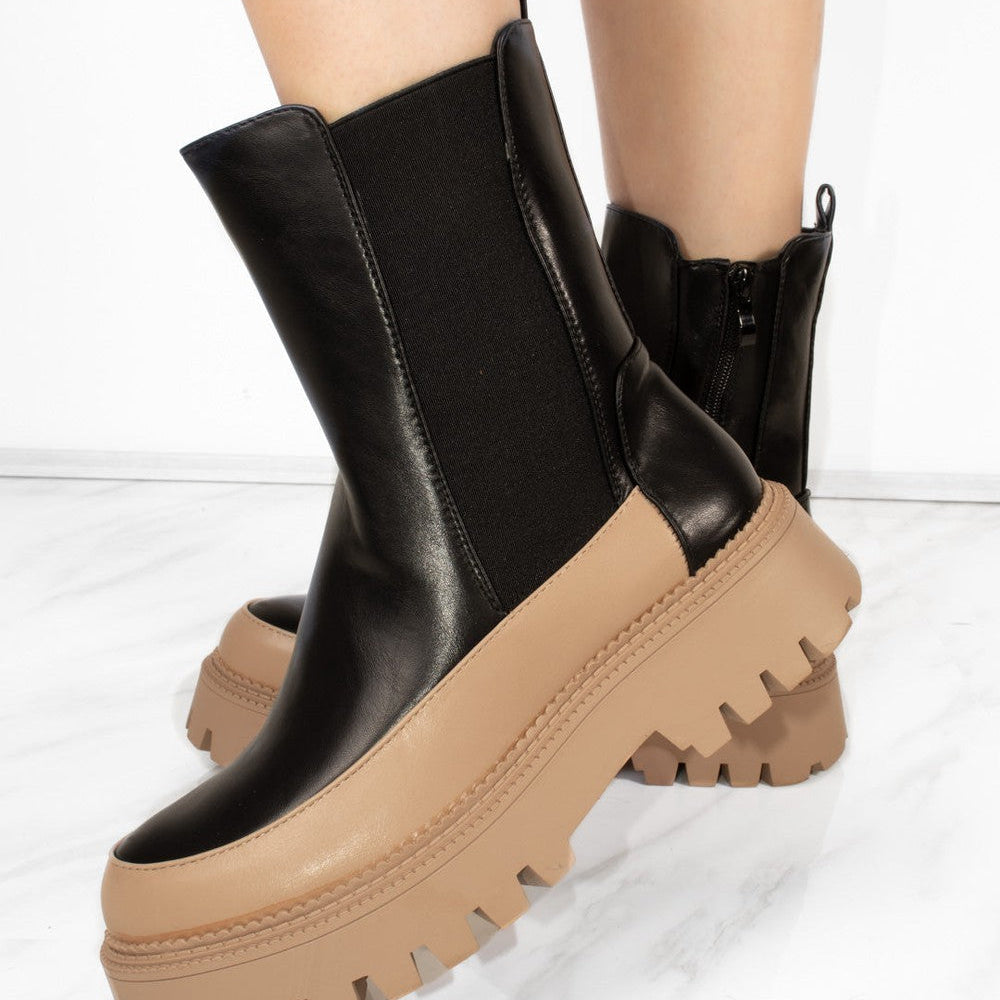 Chunky Sole Black And Camel Contrast Ankle Chelsea Boots