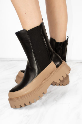 Chunky Sole Black And Camel Contrast Ankle Chelsea Boots