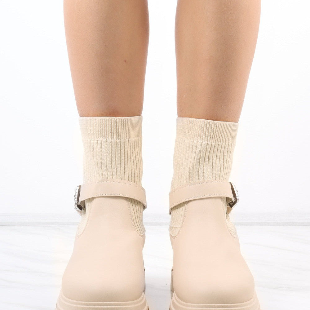 
                      
                        Cream Chunky Faux Leather Buckle Sock Boot
                      
                    