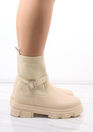 Cream Chunky Faux Leather Buckle Sock Boot