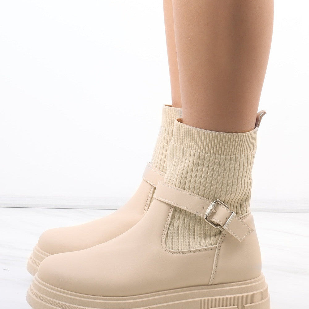 
                      
                        Cream Chunky Faux Leather Buckle Sock Boot
                      
                    