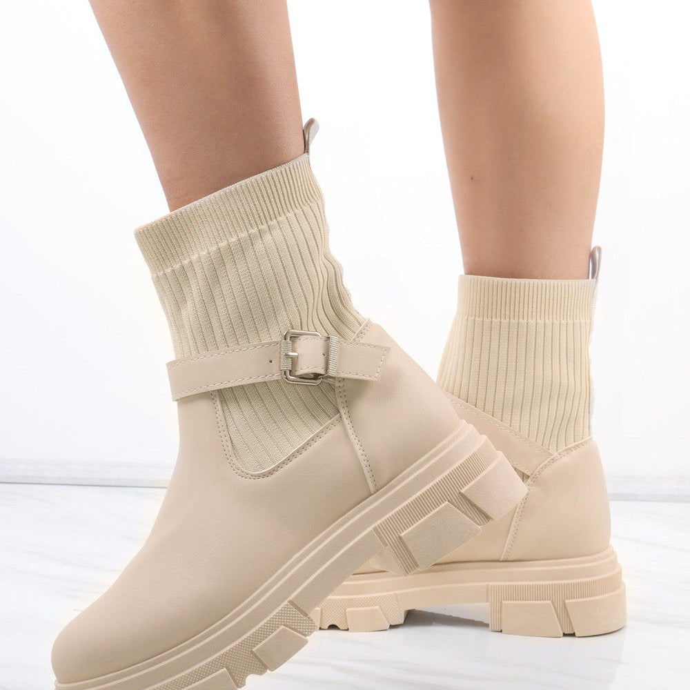 
                      
                        Cream Chunky Faux Leather Buckle Sock Boot
                      
                    