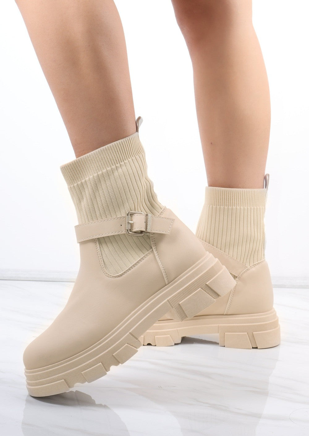 Cream Chunky Faux Leather Buckle Sock Boot