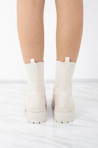 Cream Fabric Ribbed Ankle Sock Boot