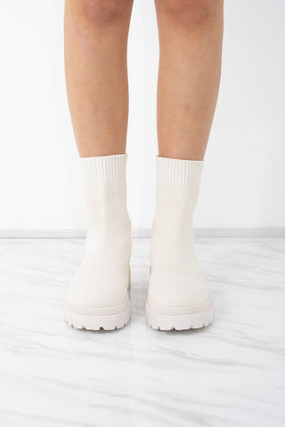 Cream Fabric Ribbed Ankle Sock Boot