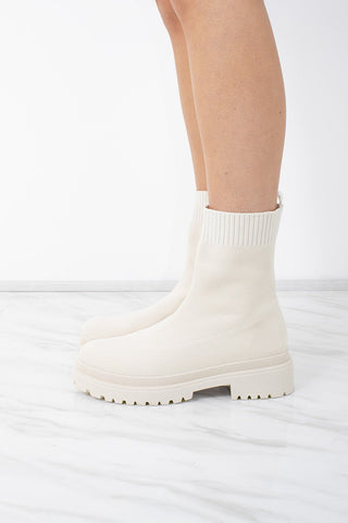 Cream Fabric Ribbed Ankle Sock Boot