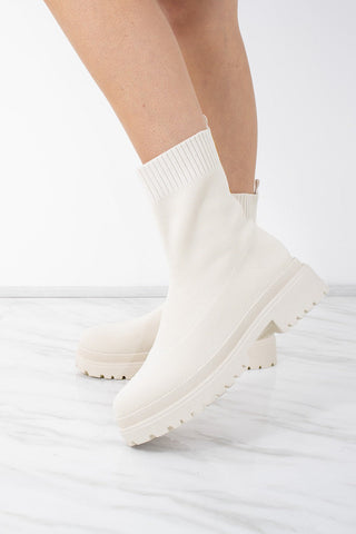 Cream Fabric Ribbed Ankle Sock Boot