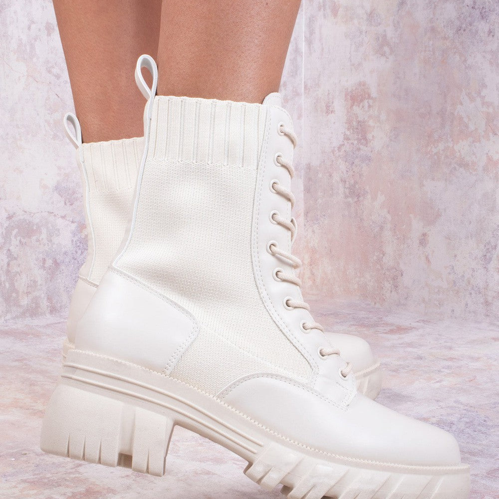 Cream Knitted Chunky Sole Biker Boots