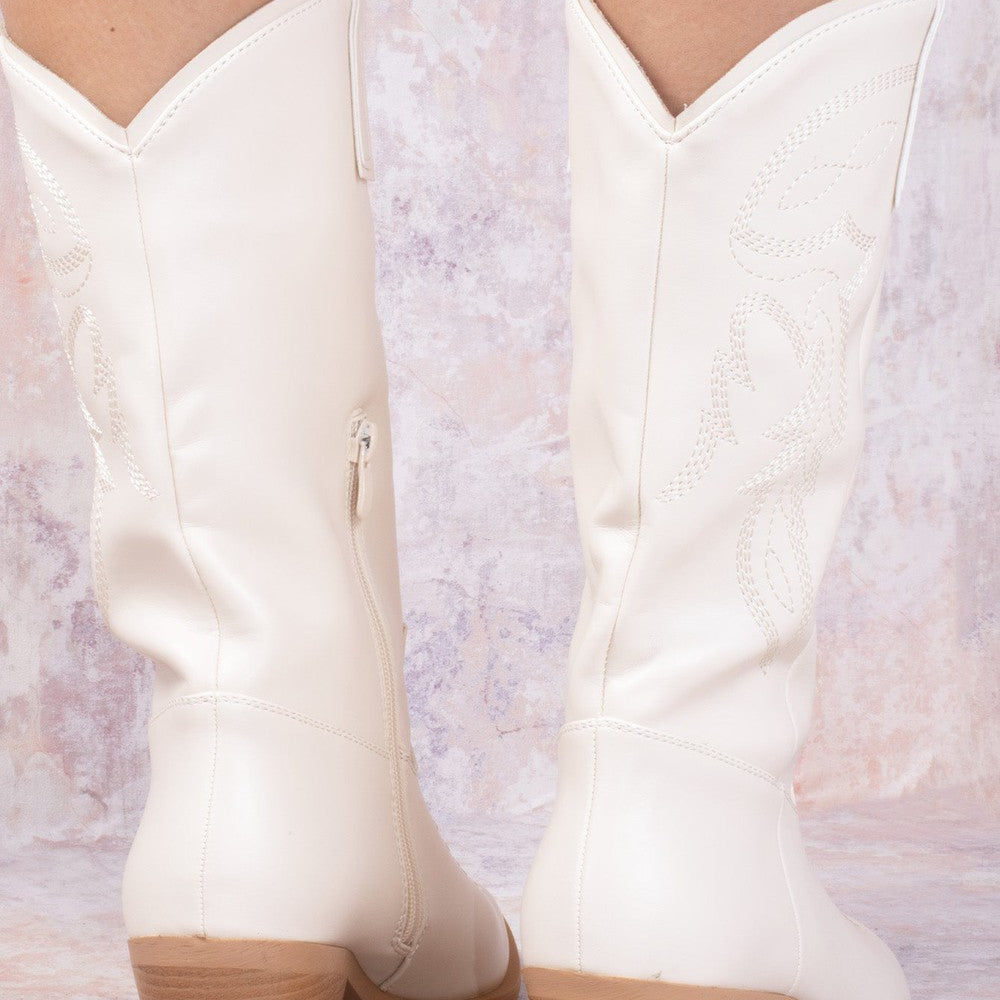 
                      
                        Cream PU Faux Leather Mid Calf Length Cowboy Boot
                      
                    