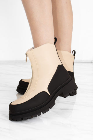 Cream/Black Contrast Zip Chunky Platform Ankle Boot