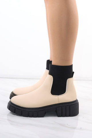 Cream/Black Platform Slip On Faux Leather Sock Boot