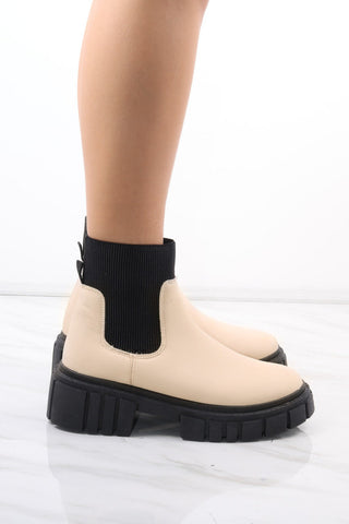 Cream/Black Platform Slip On Faux Leather Sock Boot