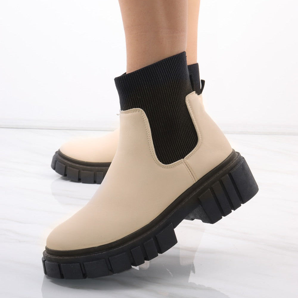 Cream/Black Platform Slip On Faux Leather Sock Boot