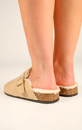 Beige Faux Suede Buckled Fur Lined Mule Clogs