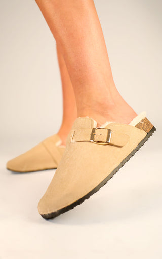 Beige Faux Suede Buckled Fur Lined Mule Clogs