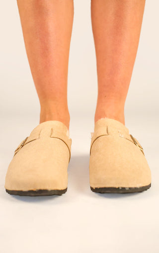 Beige Faux Suede Buckled Fur Lined Mule Clogs