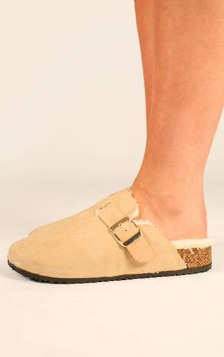 Beige Faux Suede Buckled Fur Lined Mule Clogs