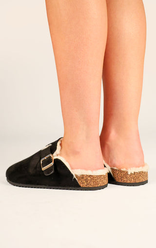 Black Faux Suede Buckled Fur Lined Mule Clogs