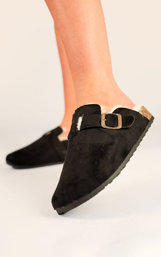 Black Faux Suede Buckled Fur Lined Mule Clogs