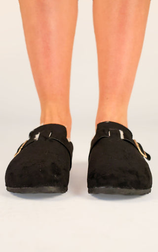 Black Faux Suede Buckled Fur Lined Mule Clogs