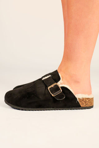 Black Faux Suede Buckled Fur Lined Mule Clogs