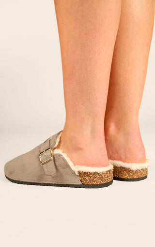 Grey Faux Suede Buckled Fur Lined Mule Clogs