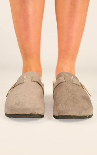 Grey Faux Suede Buckled Fur Lined Mule Clogs