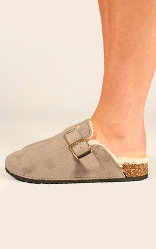 Grey Faux Suede Buckled Fur Lined Mule Clogs