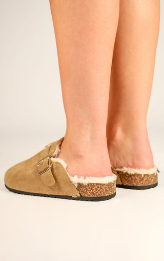 Khaki Faux Suede Buckled Fur Lined Mule Clogs