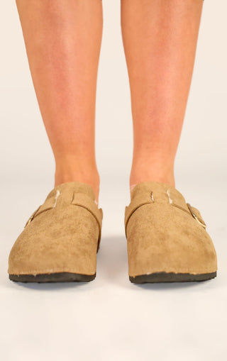 Khaki Faux Suede Buckled Fur Lined Mule Clogs