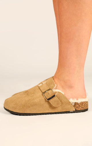 Khaki Faux Suede Buckled Fur Lined Mule Clogs