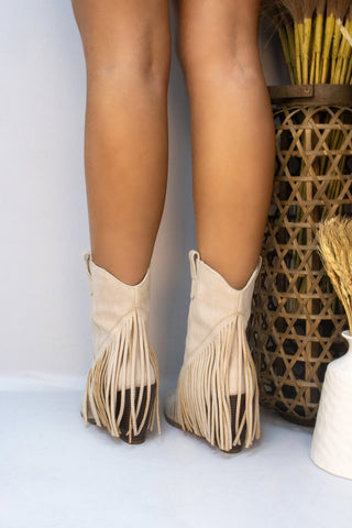 Dallas Beige Mid Western Faux Suede Fringe Cowboy Boot