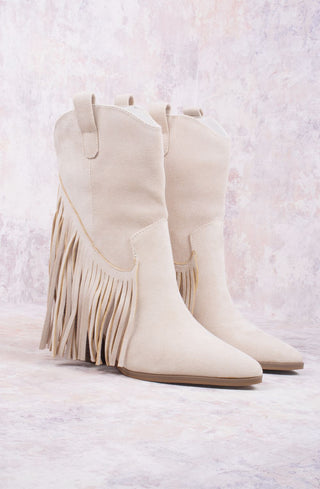 Dallas Beige Mid Western Faux Suede Fringe Cowboy Boot