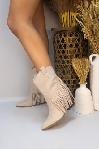 Dallas Beige Mid Western Faux Suede Fringe Cowboy Boot