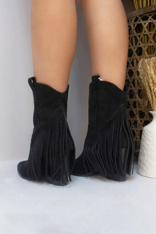 Dallas Black Mid Western Faux Suede Fringe Cowboy Boot