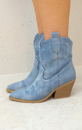 Denim Embroidered Ankle Cowboy Boot