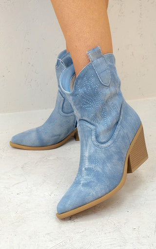 Denim Embroidered Ankle Cowboy Boot