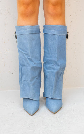 Denim Fold Over Shark Classic Buckle Knee High Boot