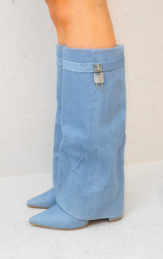 Denim Fold Over Shark Classic Buckle Knee High Boot