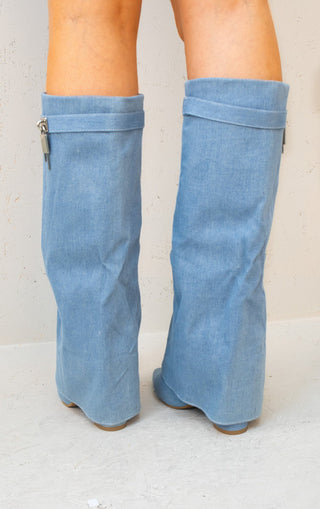 Denim Fold Over Shark Classic Buckle Knee High Boot